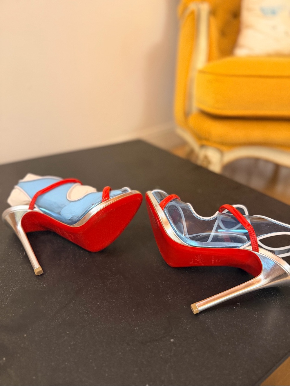 Christian Louboutin Light Blue Leather Heels with Red Straps - Picture 4 of 4